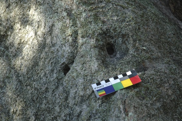 Boulder with two drilled holes at Native American Stone Structure Site Hopkinton RI